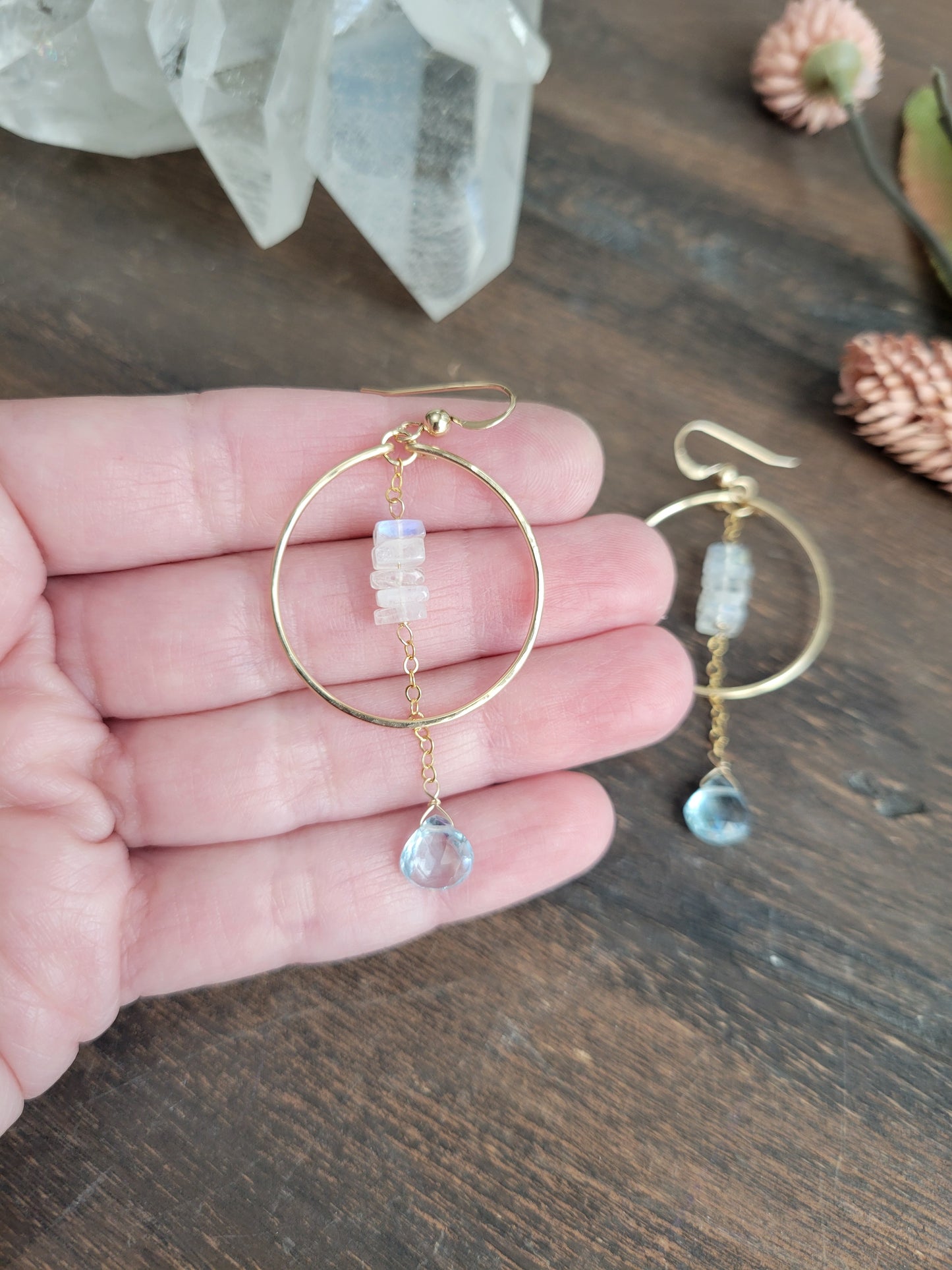 Sky Blue Topaz Hoop Dangle Earrings with Moonstone
