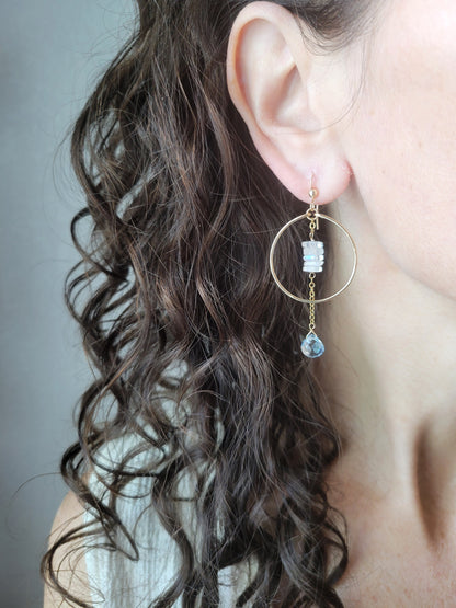 Sky Blue Topaz Hoop Dangle Earrings with Moonstone