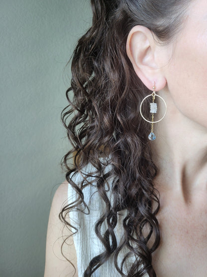 Sky Blue Topaz Hoop Dangle Earrings with Moonstone