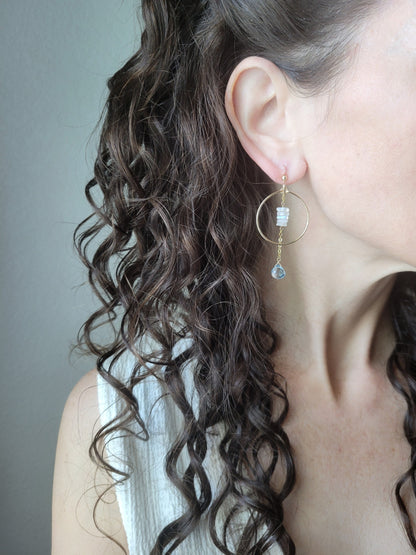 Sky Blue Topaz Hoop Dangle Earrings with Moonstone