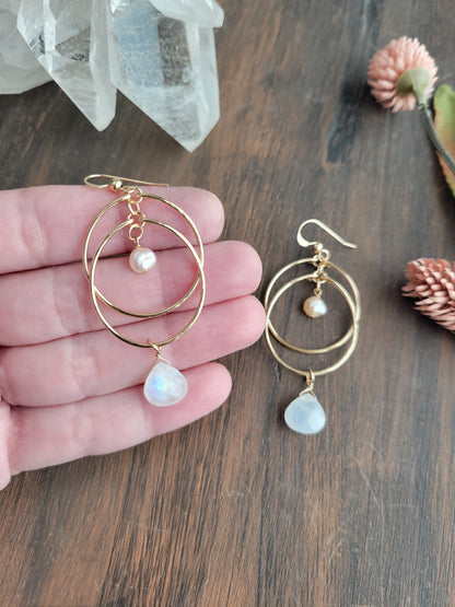 Moonstone and Pearl Double Hoop Earrings