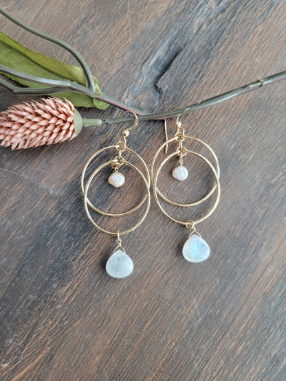 Moonstone and Pearl Double Hoop Earrings