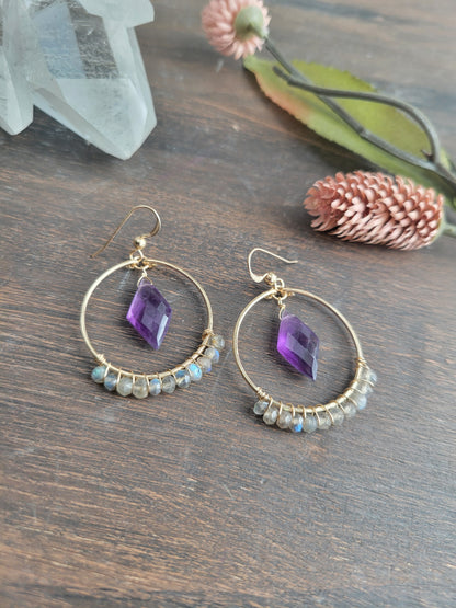 Amethyst and Labradorite Hoop Earrings