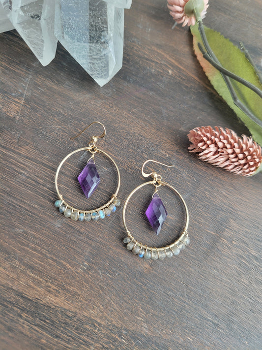 Amethyst and Labradorite Hoop Earrings