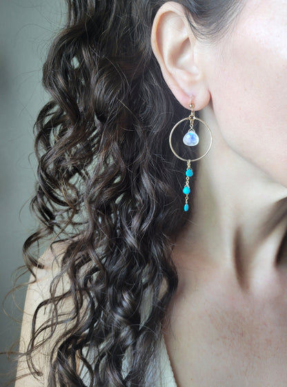 Rainbow Moonstone and Turquoise Dangle Hoop Earrings