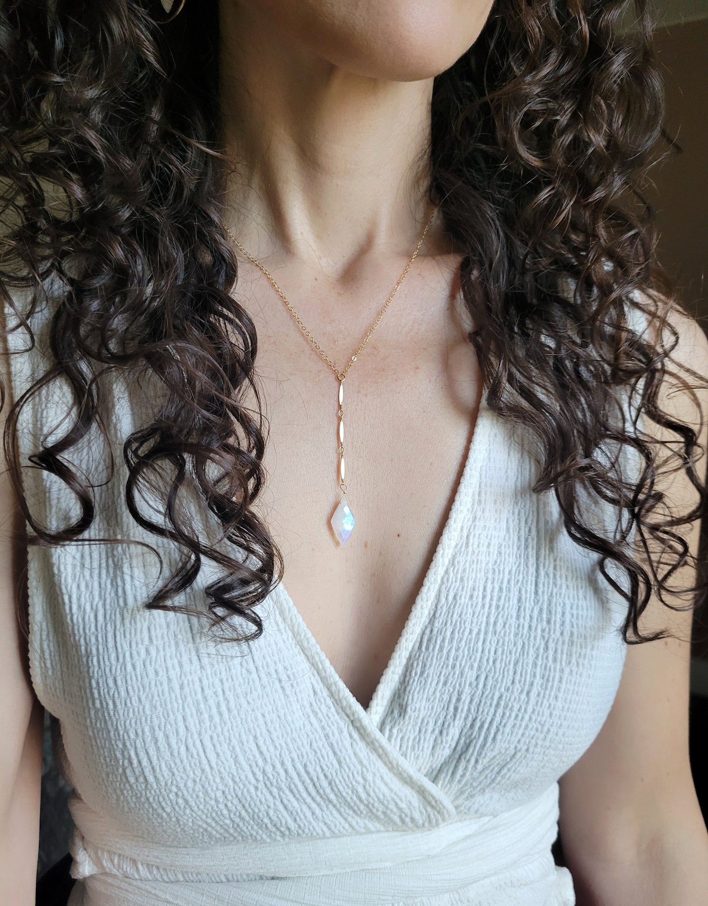Rainbow Moonstone Y Necklace