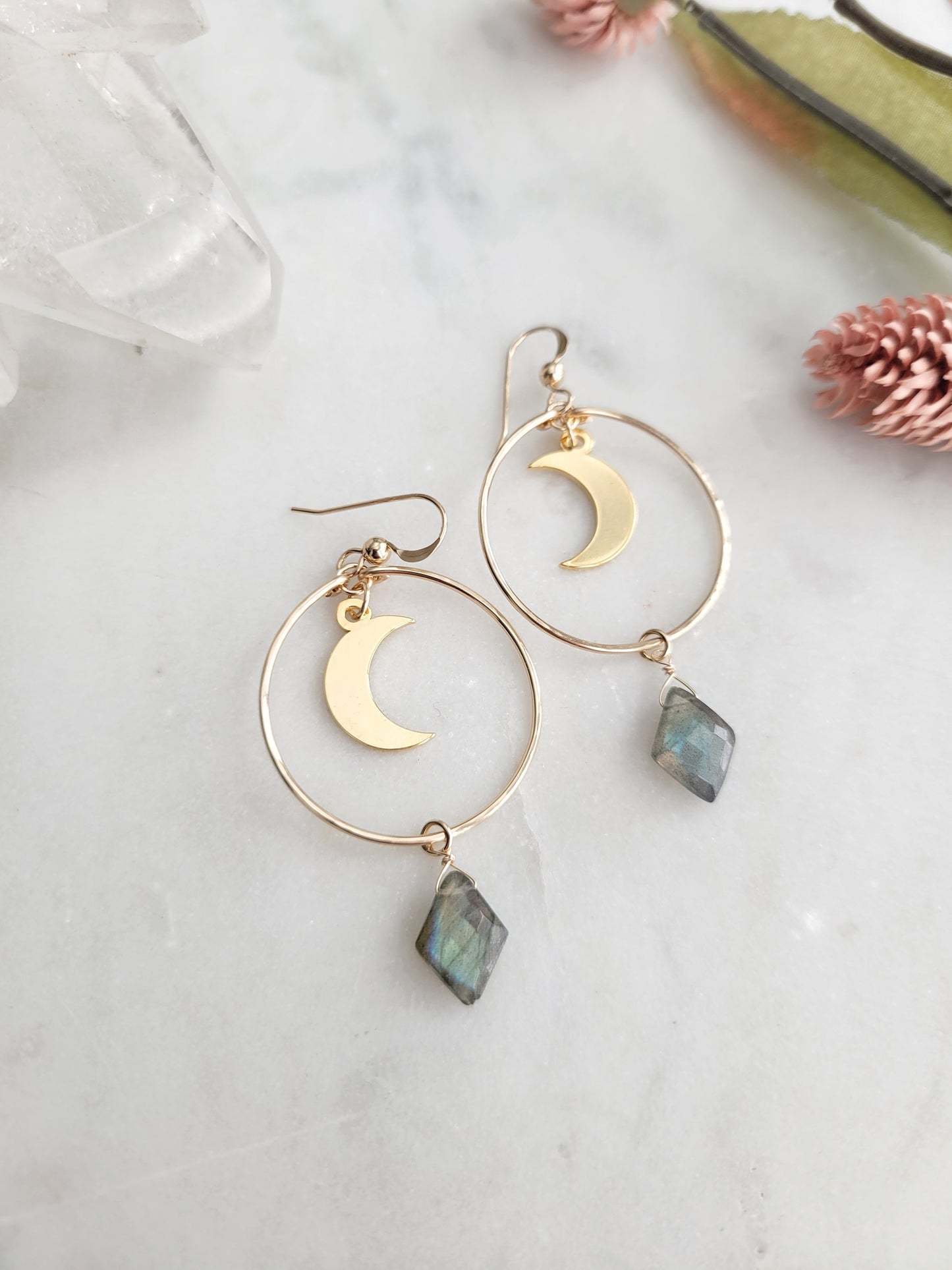 Crescent Moon Labradorite Hoop Earrings