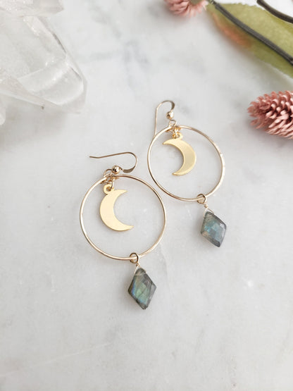 Crescent Moon Labradorite Hoop Earrings