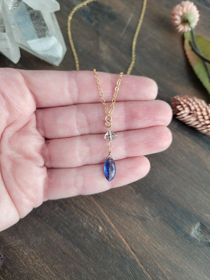 Dainty Kyanite and Herkimer Diamond Drop Necklace