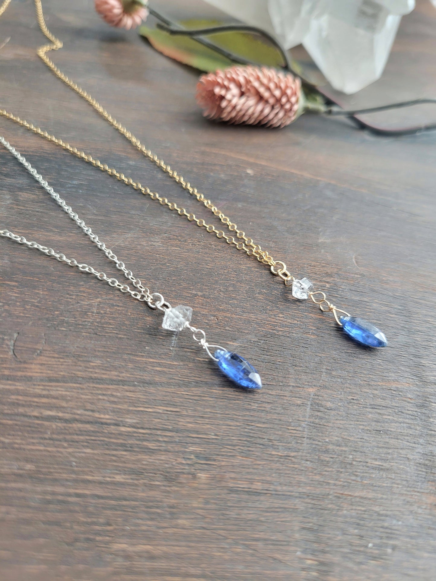 Dainty Kyanite and Herkimer Diamond Drop Necklace