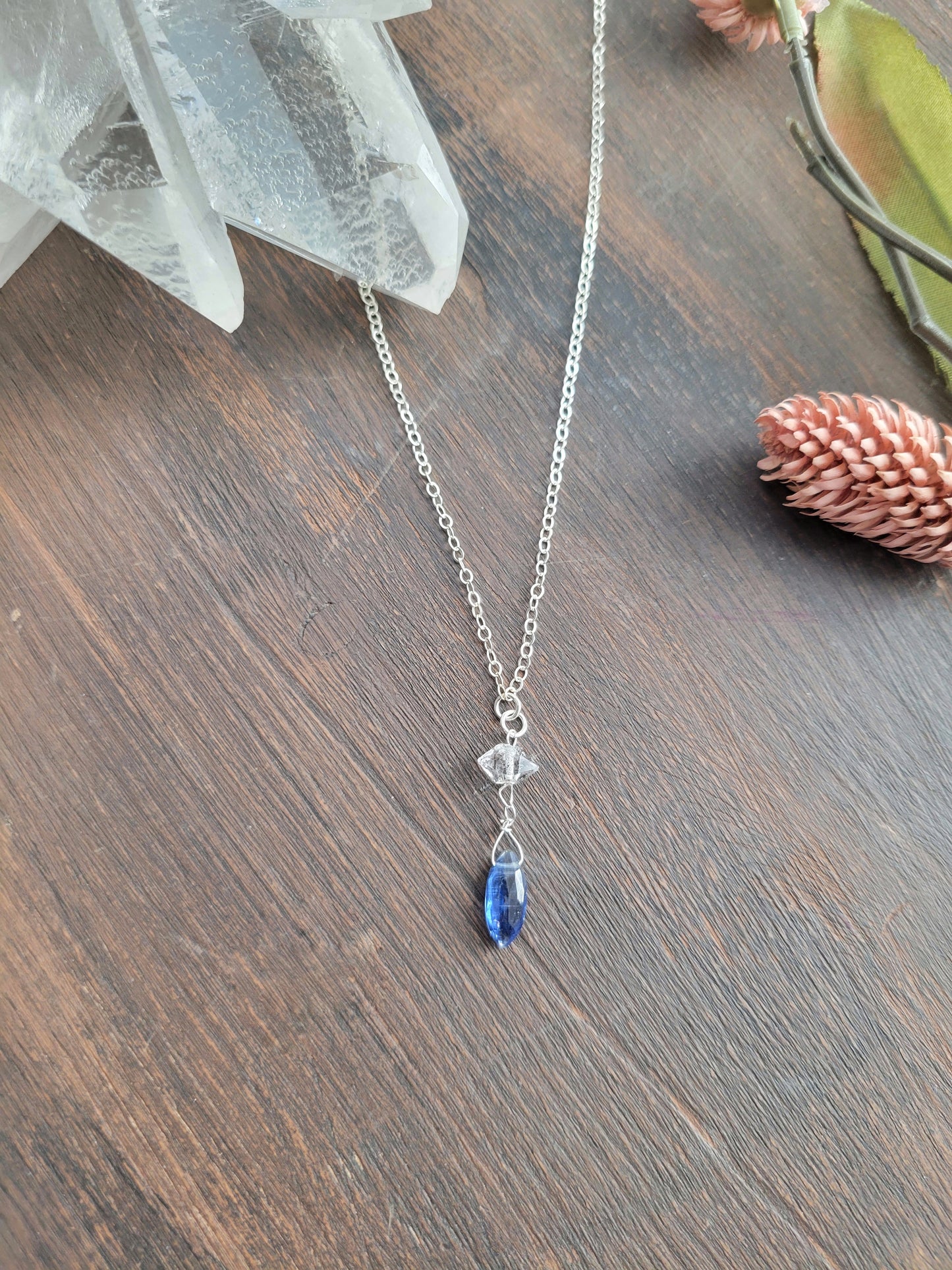 Dainty Kyanite and Herkimer Diamond Drop Necklace