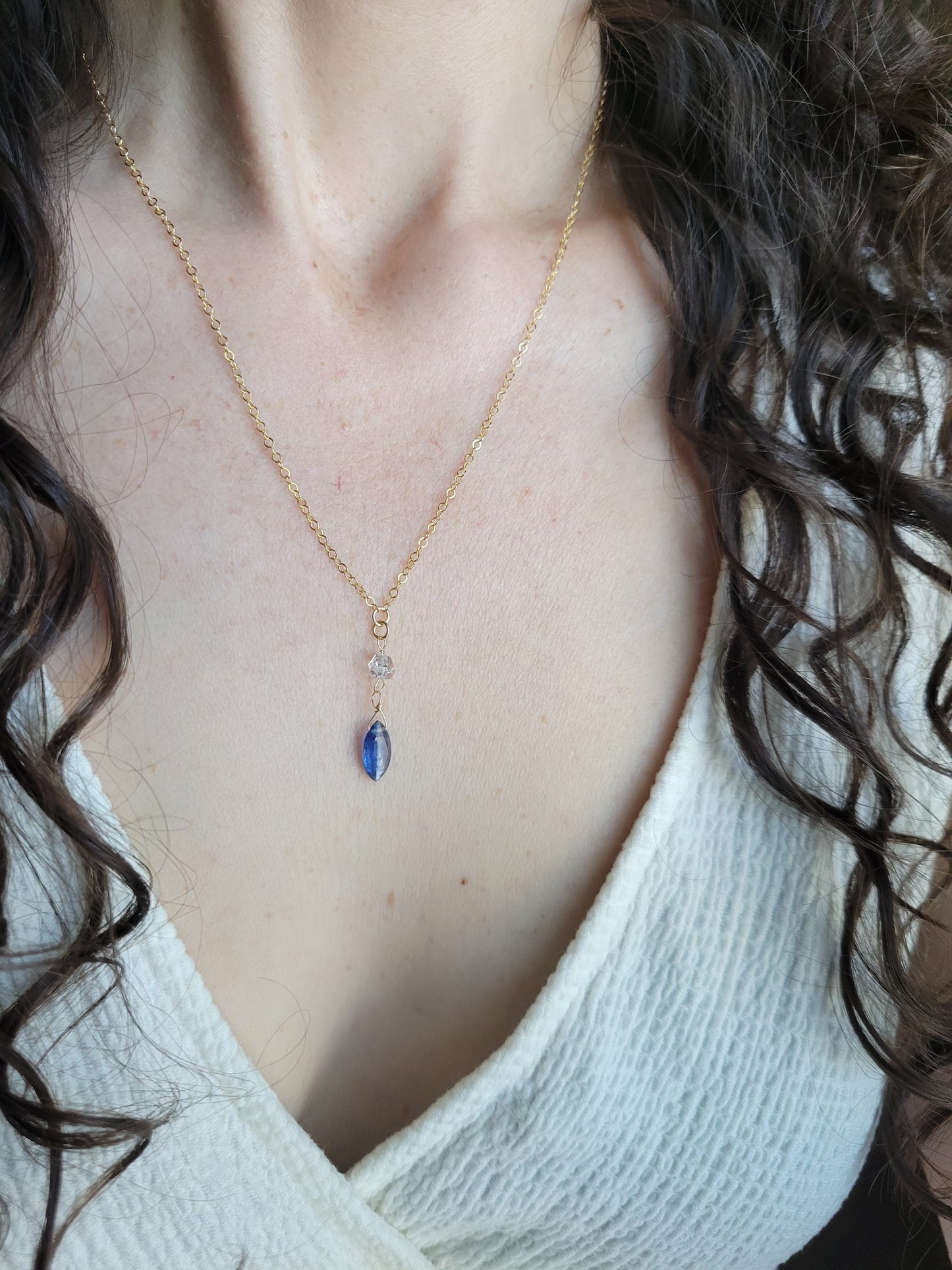 Dainty Kyanite and Herkimer Diamond Drop Necklace
