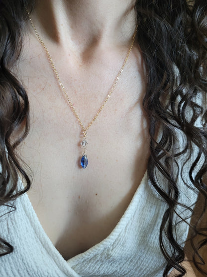 Dainty Kyanite and Herkimer Diamond Drop Necklace