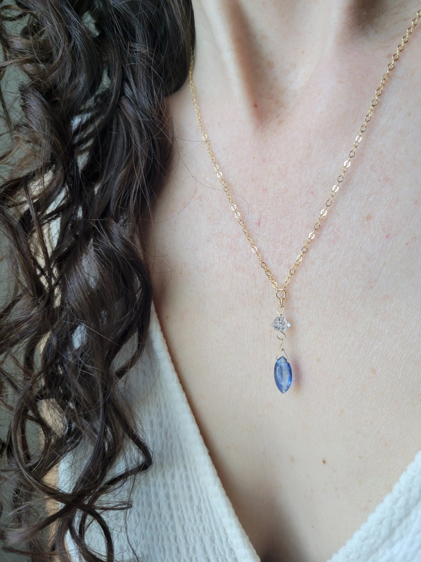 Dainty Kyanite and Herkimer Diamond Drop Necklace