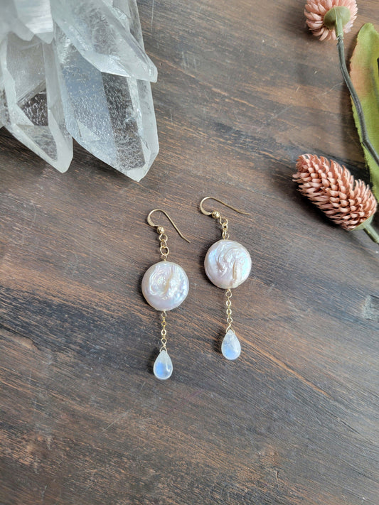 Pearl and Moonstone Dangle Earrings