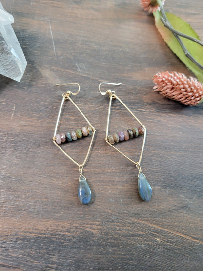 Watermelon Tourmaline and Labradorite Dangle Earrings
