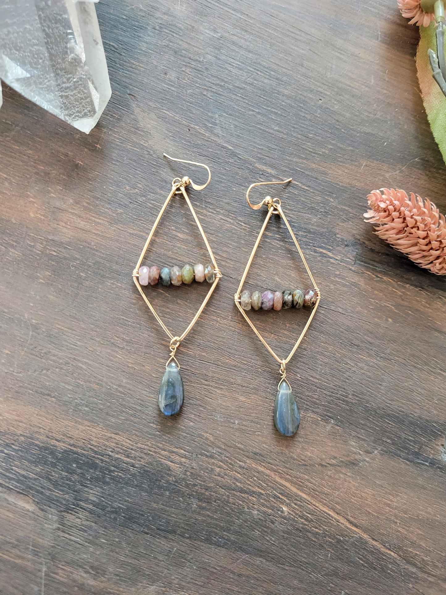 Watermelon Tourmaline and Labradorite Dangle Earrings