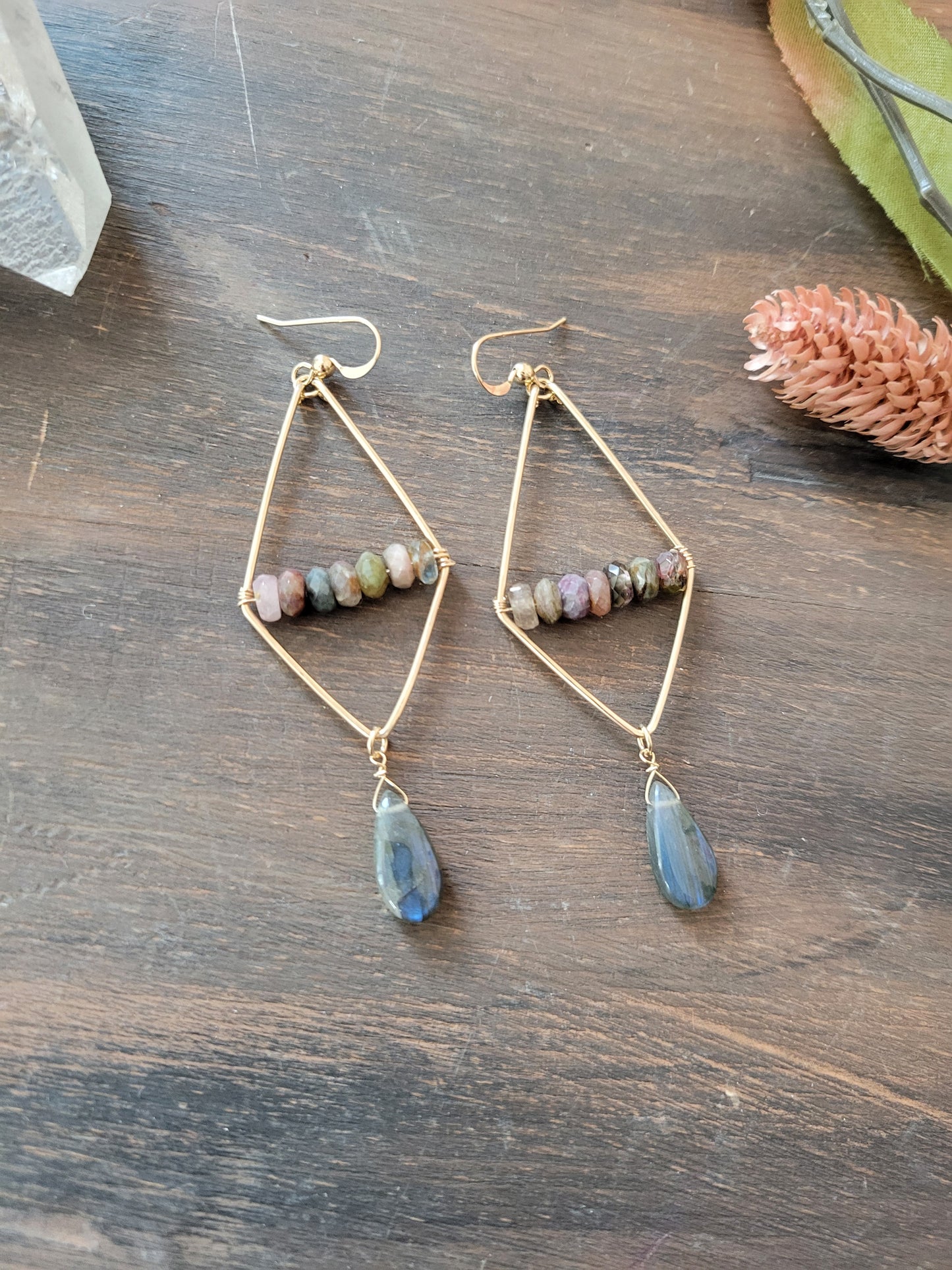Watermelon Tourmaline and Labradorite Dangle Earrings