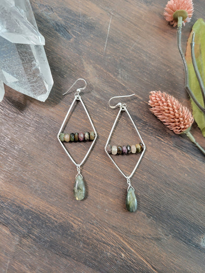 Watermelon Tourmaline and Labradorite Dangle Earrings
