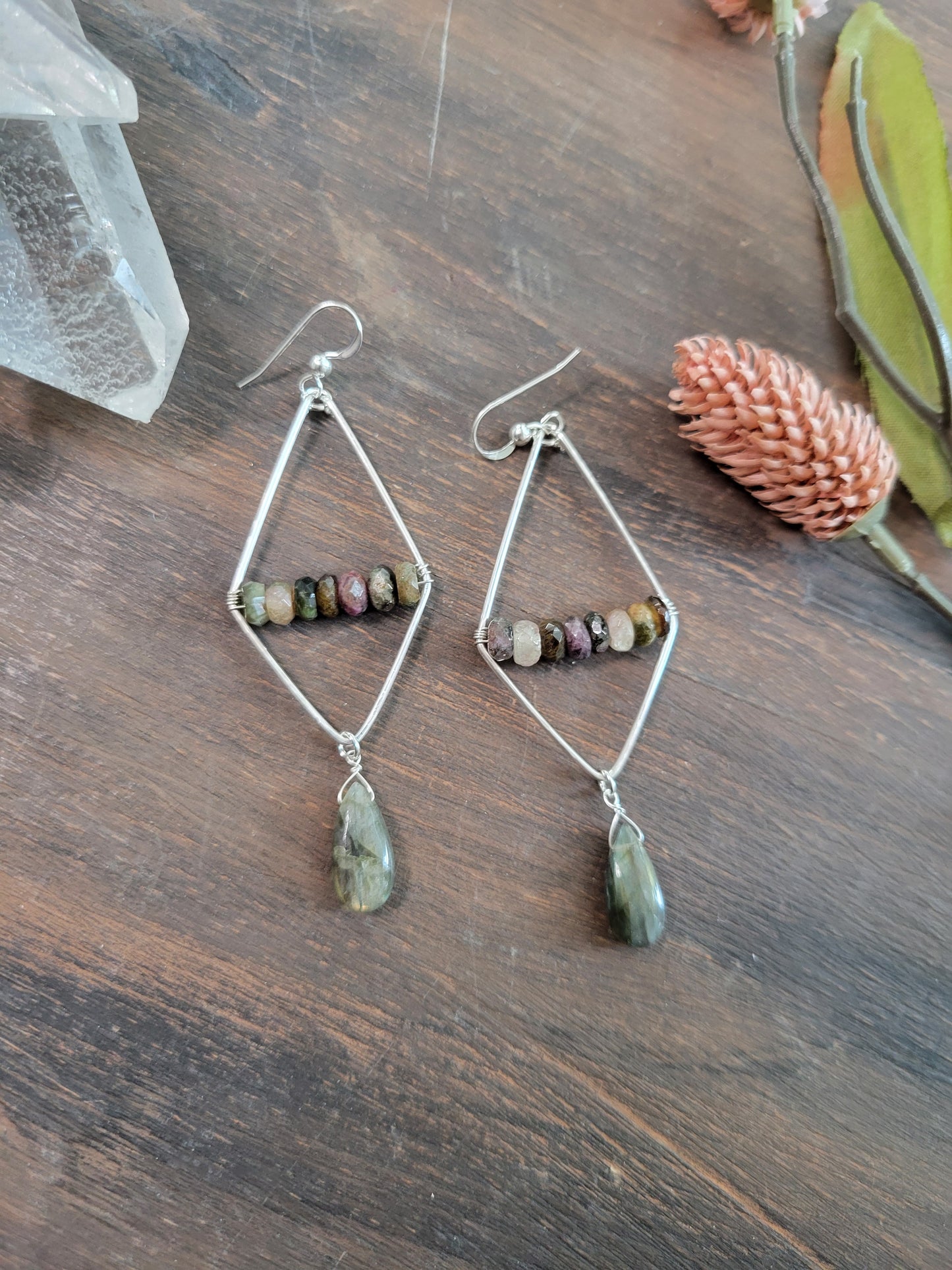 Watermelon Tourmaline and Labradorite Dangle Earrings