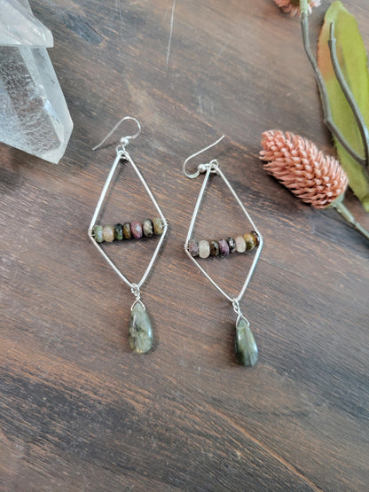 Watermelon Tourmaline and Labradorite Dangle Earrings