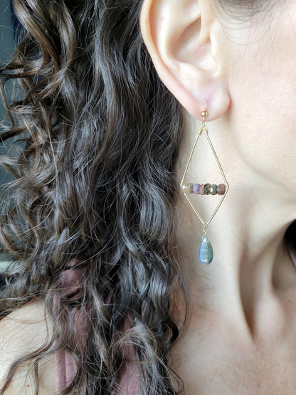 Watermelon Tourmaline and Labradorite Dangle Earrings