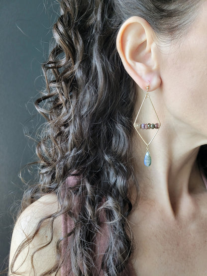 Watermelon Tourmaline and Labradorite Dangle Earrings