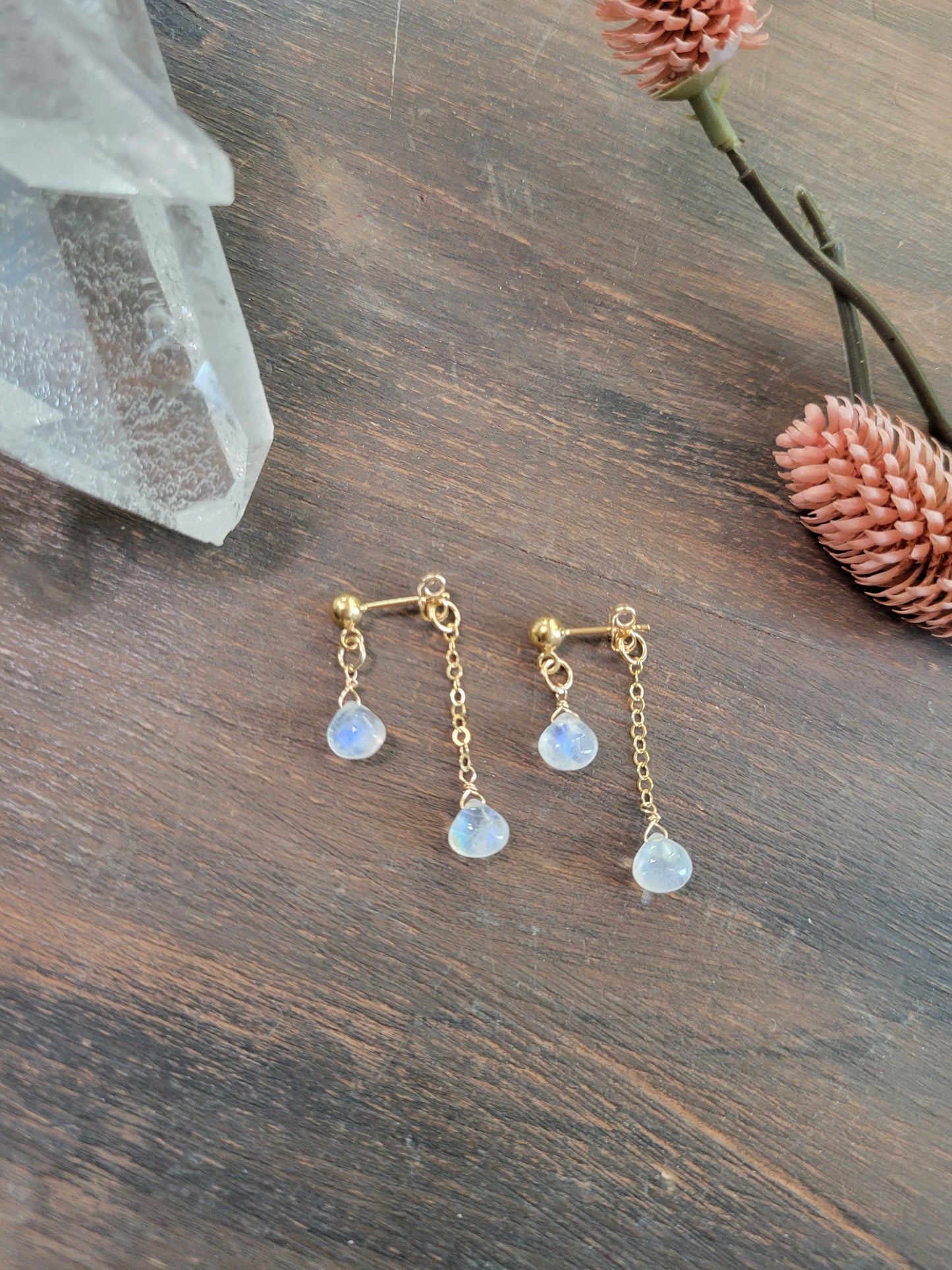Dainty Moonstone Dangle Stud Earrings