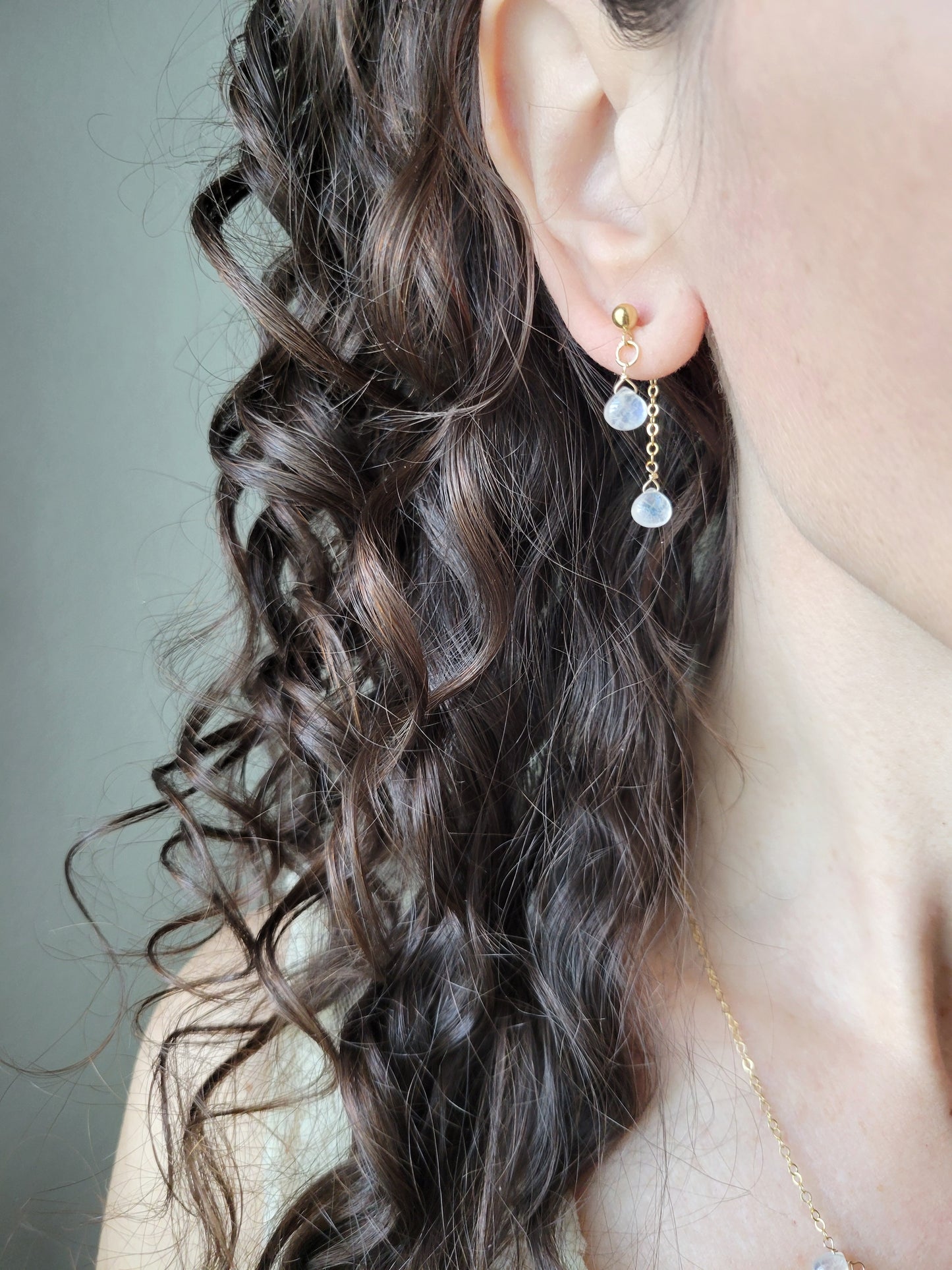 Dainty Moonstone Dangle Stud Earrings