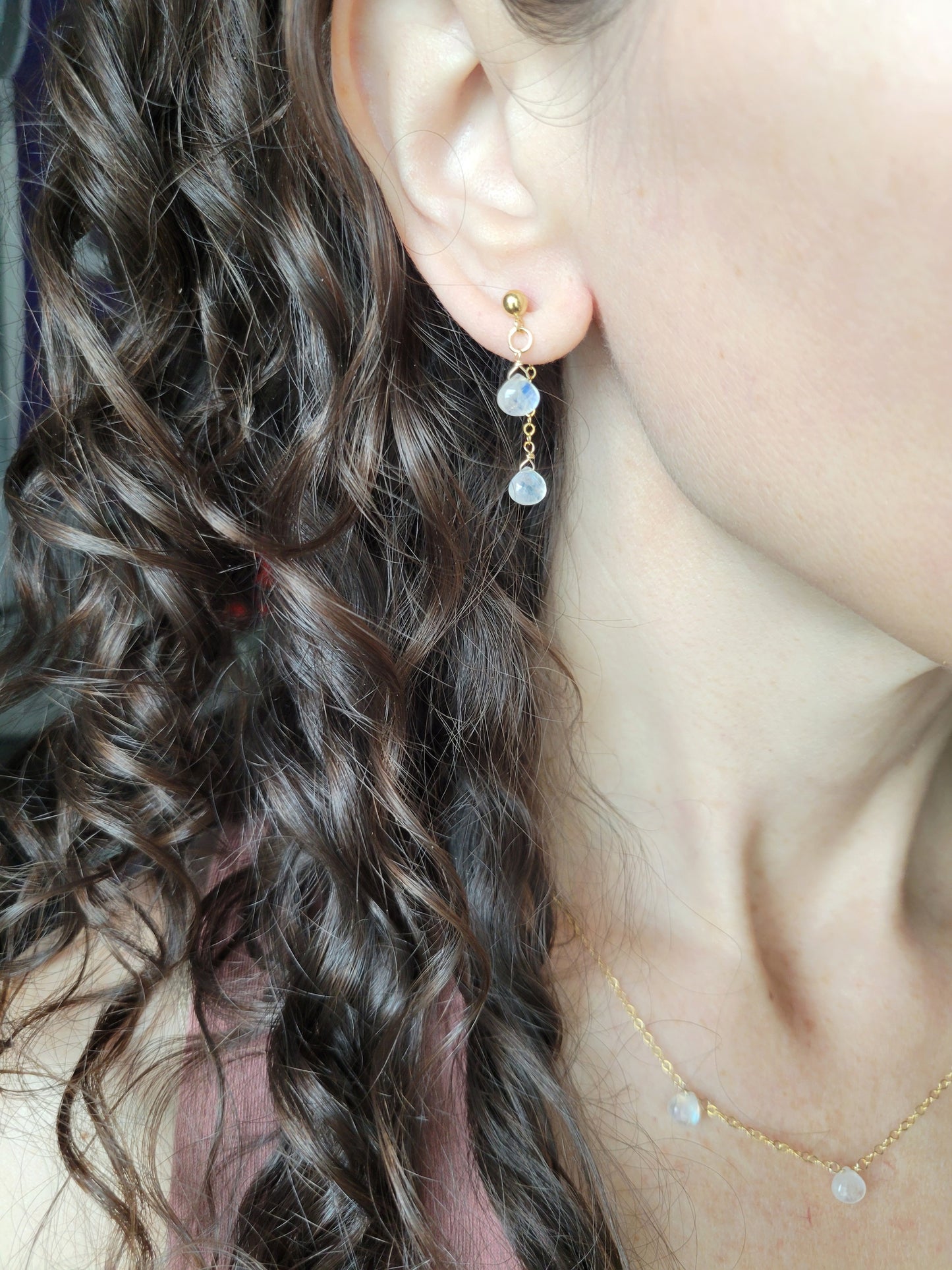 Dainty Moonstone Dangle Stud Earrings