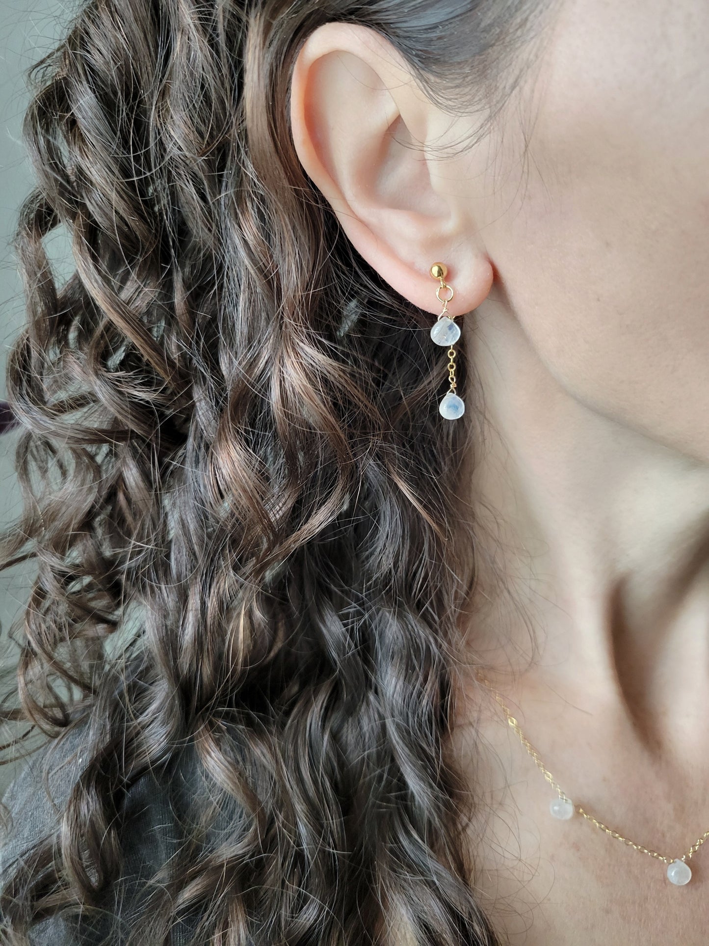 Dainty Moonstone Dangle Stud Earrings
