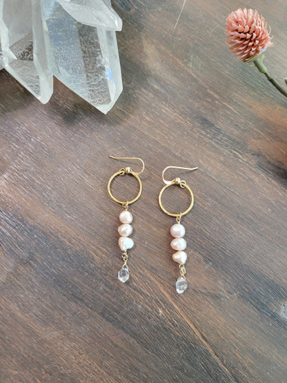 Pearl and Herkimer Diamond Dangle Earrings