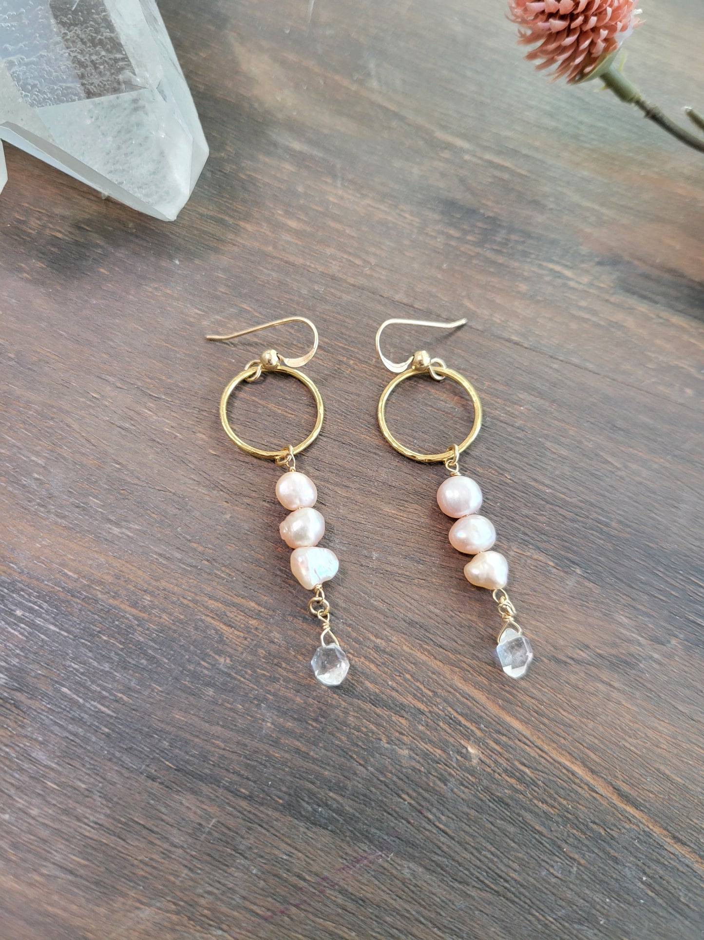 Pearl and Herkimer Diamond Dangle Earrings
