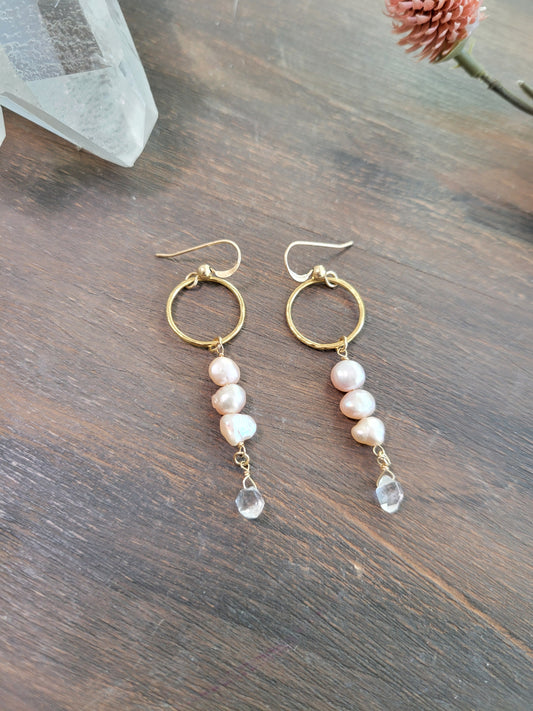 Pearl and Herkimer Diamond Dangle Earrings