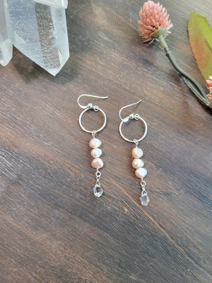 Pearl and Herkimer Diamond Dangle Earrings