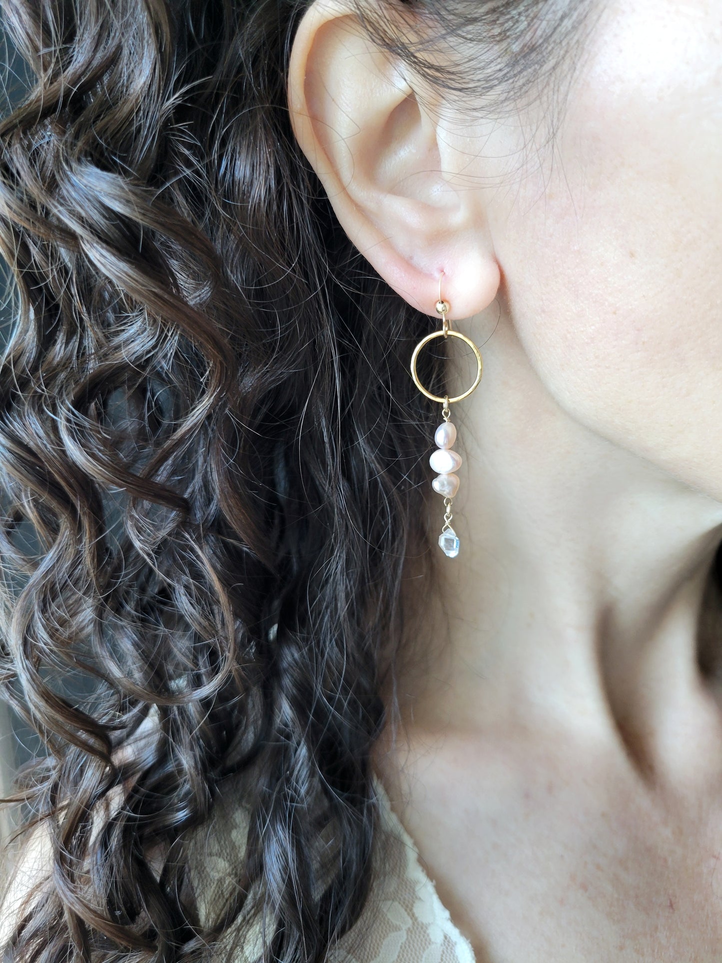 Pearl and Herkimer Diamond Dangle Earrings