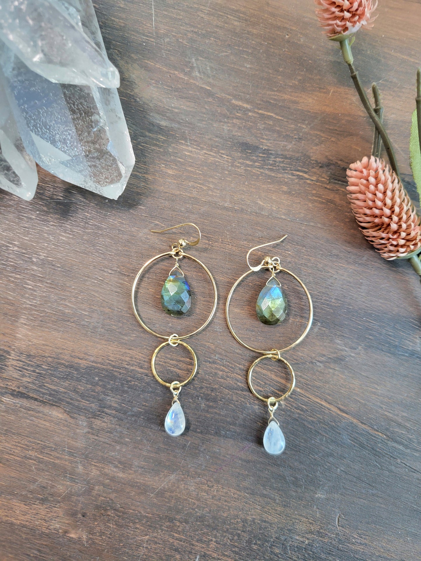 Labradorite and Moonstone Dangle Hoop Earrings