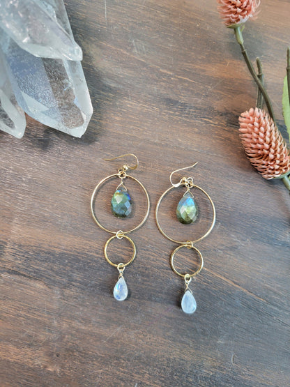 Labradorite and Moonstone Dangle Hoop Earrings