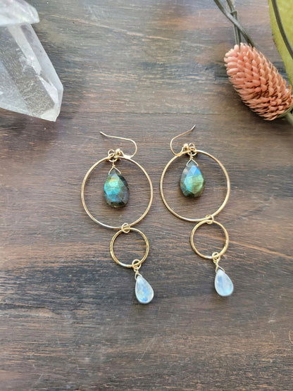 Labradorite and Moonstone Dangle Hoop Earrings