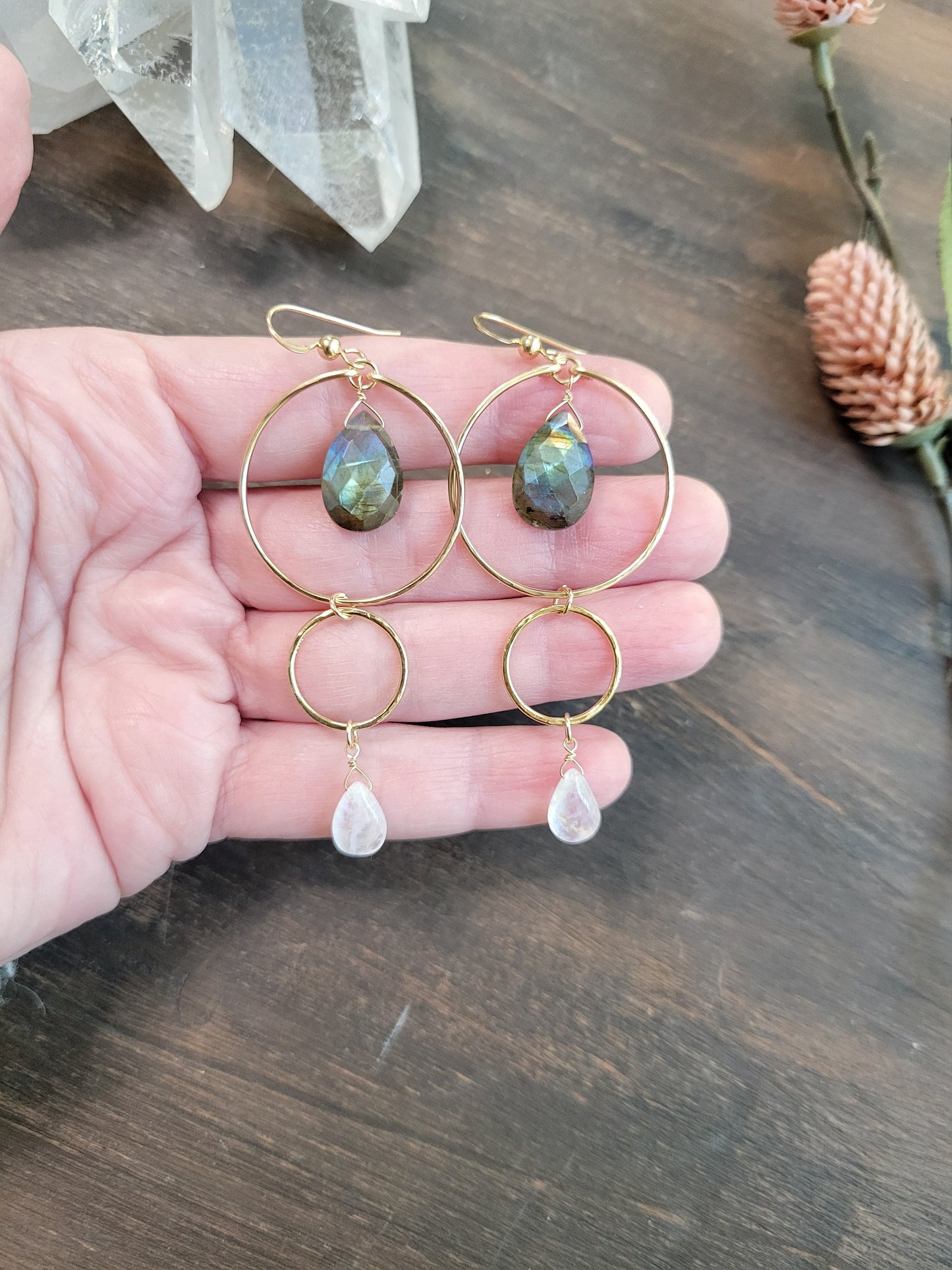 Labradorite and Moonstone Dangle Hoop Earrings