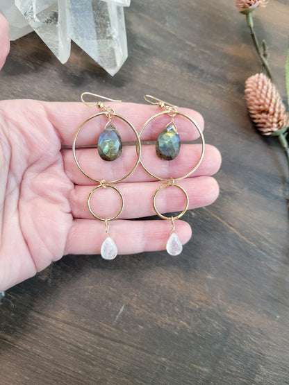 Labradorite and Moonstone Dangle Hoop Earrings