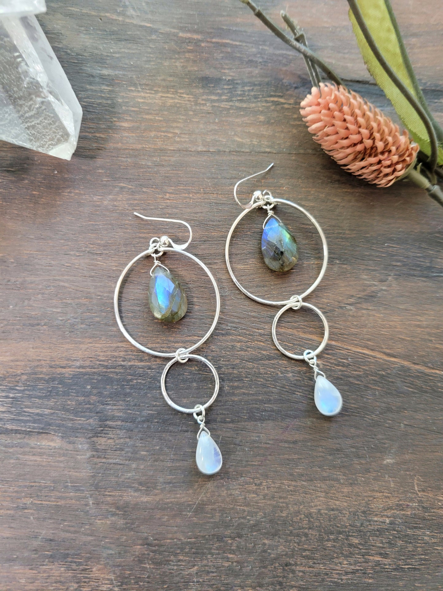 Labradorite and Moonstone Dangle Hoop Earrings