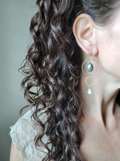 Labradorite and Moonstone Dangle Hoop Earrings