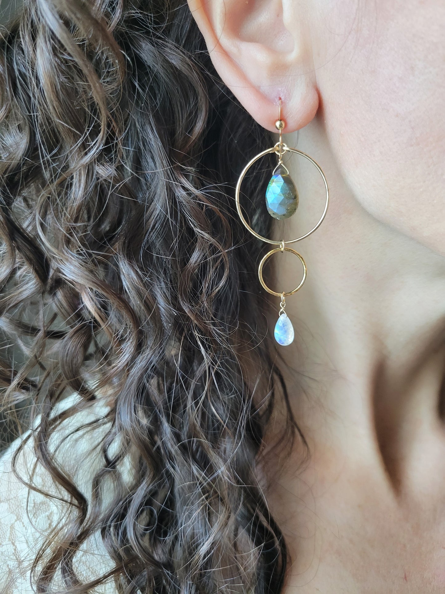 Labradorite and Moonstone Dangle Hoop Earrings