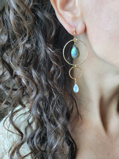 Labradorite and Moonstone Dangle Hoop Earrings