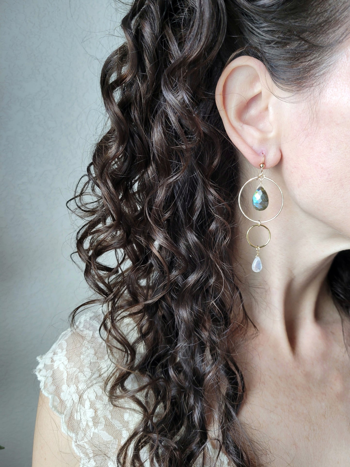 Labradorite and Moonstone Dangle Hoop Earrings