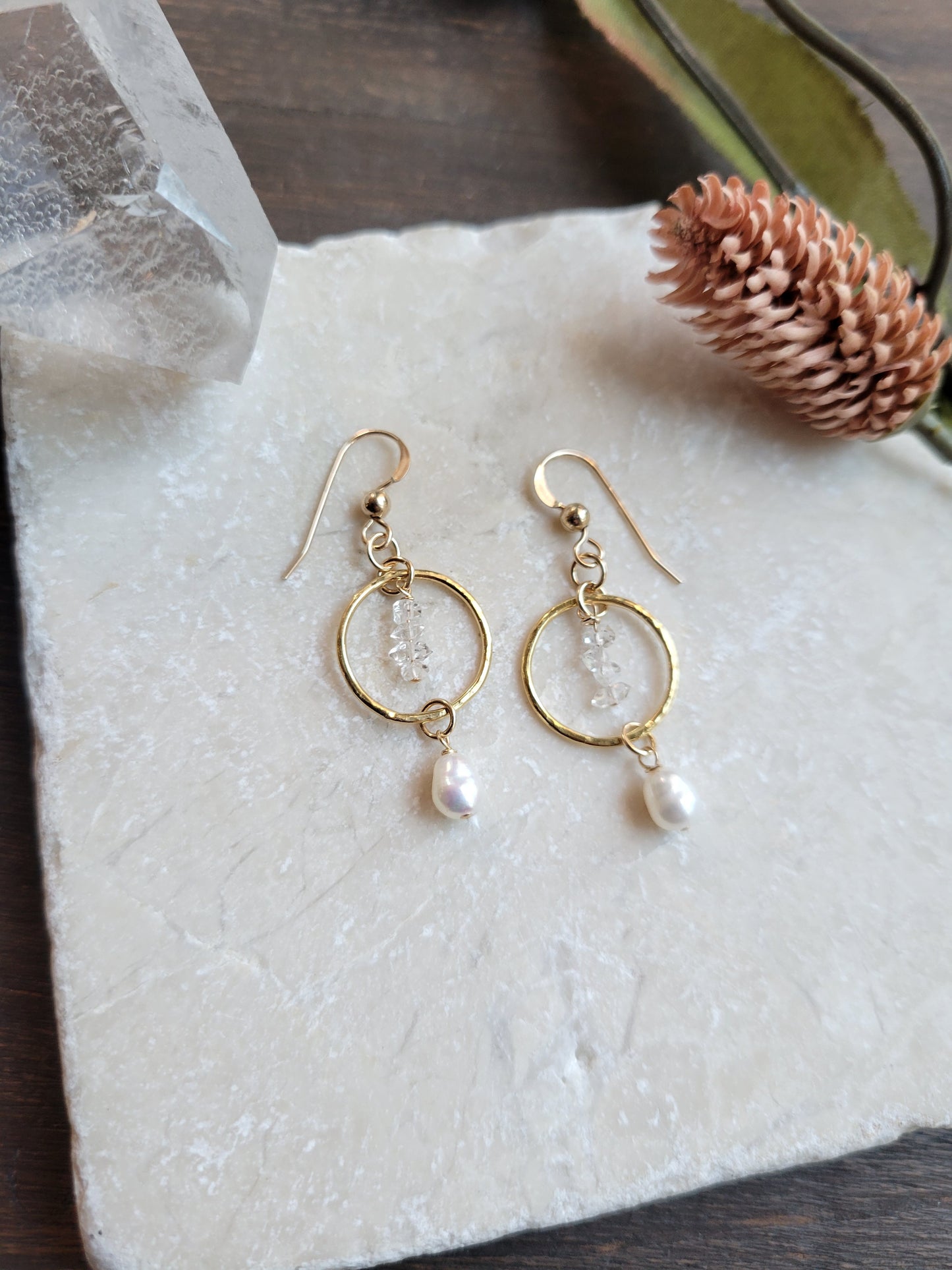 Dainty Pearl and Herkimer Diamond Earrings