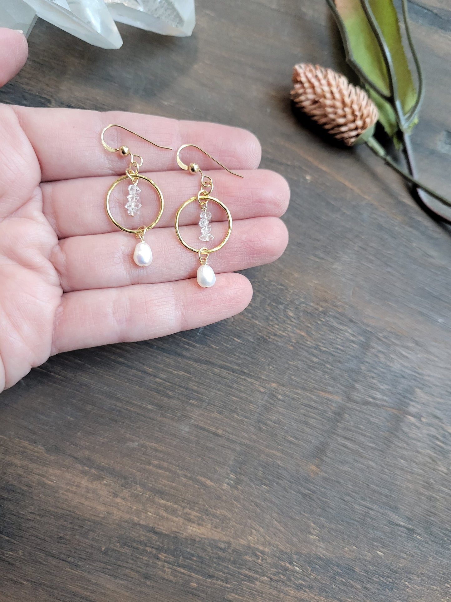 Dainty Pearl and Herkimer Diamond Earrings