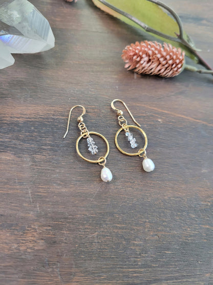 Dainty Pearl and Herkimer Diamond Earrings