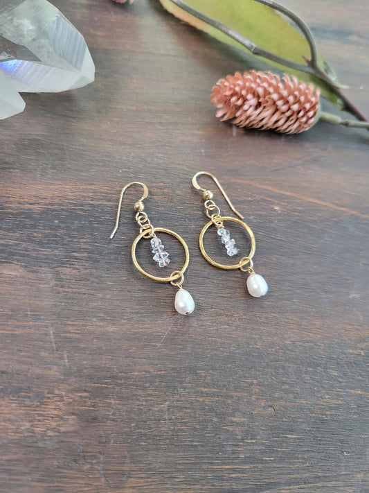 Dainty Pearl and Herkimer Diamond Earrings